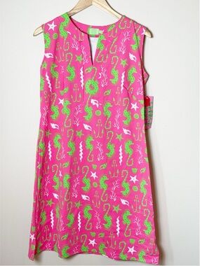NWT Katherine Way sleeveless shift dress pink green nautical seahorse pattern L